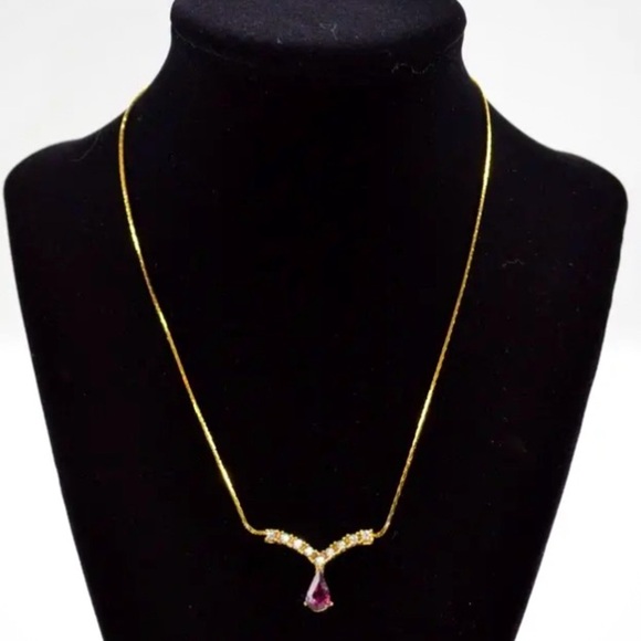 Vtg MI Gold Tone CHOKER Necklace w/ Purple Teardrop Pendant & Clear Rhinestones - Picture 2 of 3